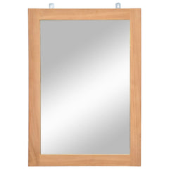 Rectangular solid teak wall mirror, 19.7 by 27.6 inches, with wall-mounting hooks.