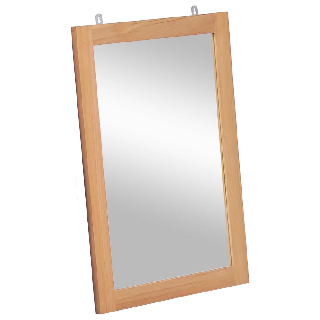 Rectangular solid teak wall mirror, 19.7 by 27.6 inches, with wall mounting hardware.