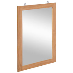 Rectangular solid teak wall mirror, 19.7x27.6 inches, with wall-mounting hooks.