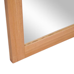 A rectangular wall mirror with a solid teak wood frame, measuring 19.7 by 27.6 inches.