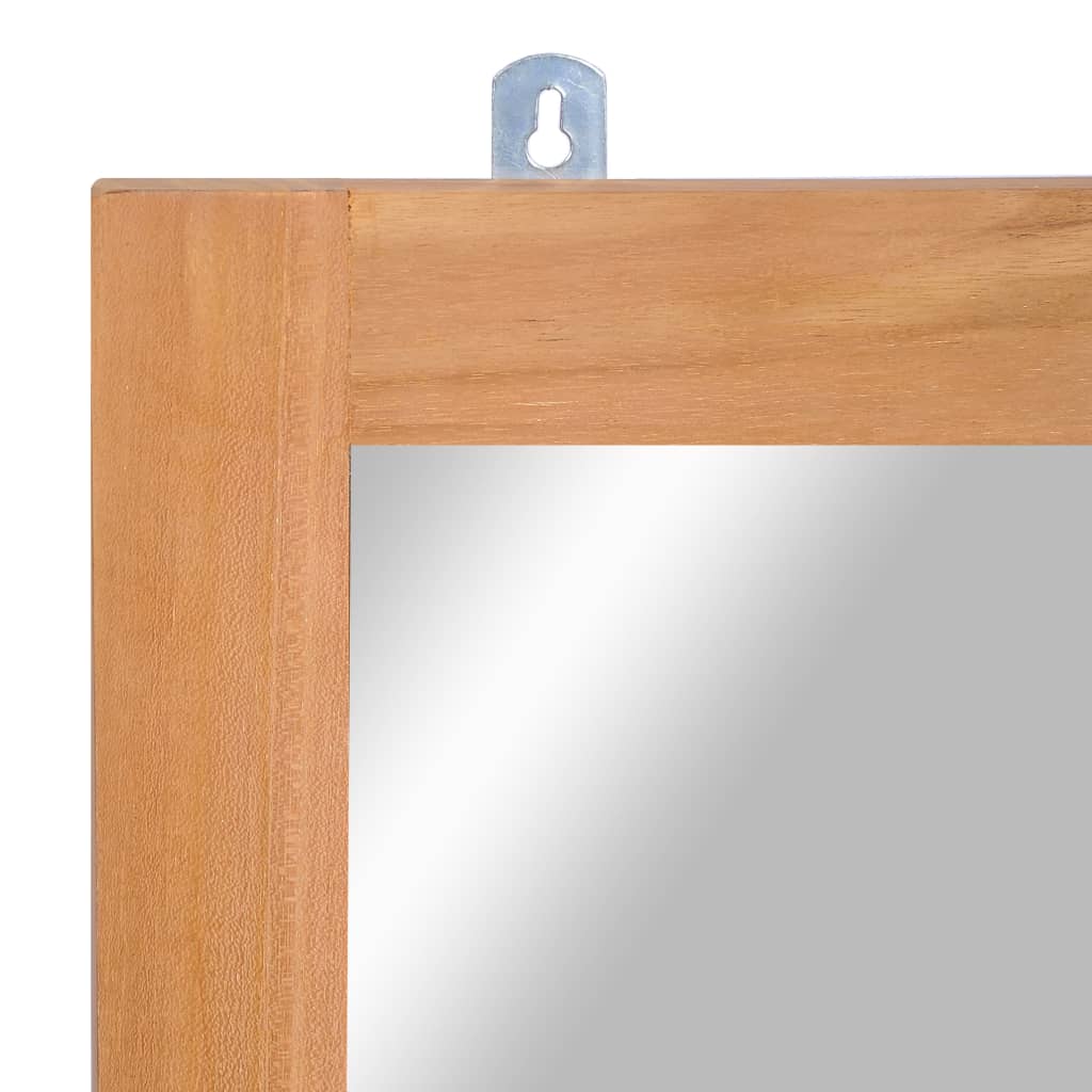 A rectangular solid teak wood mirror with a metal hanger at the top.