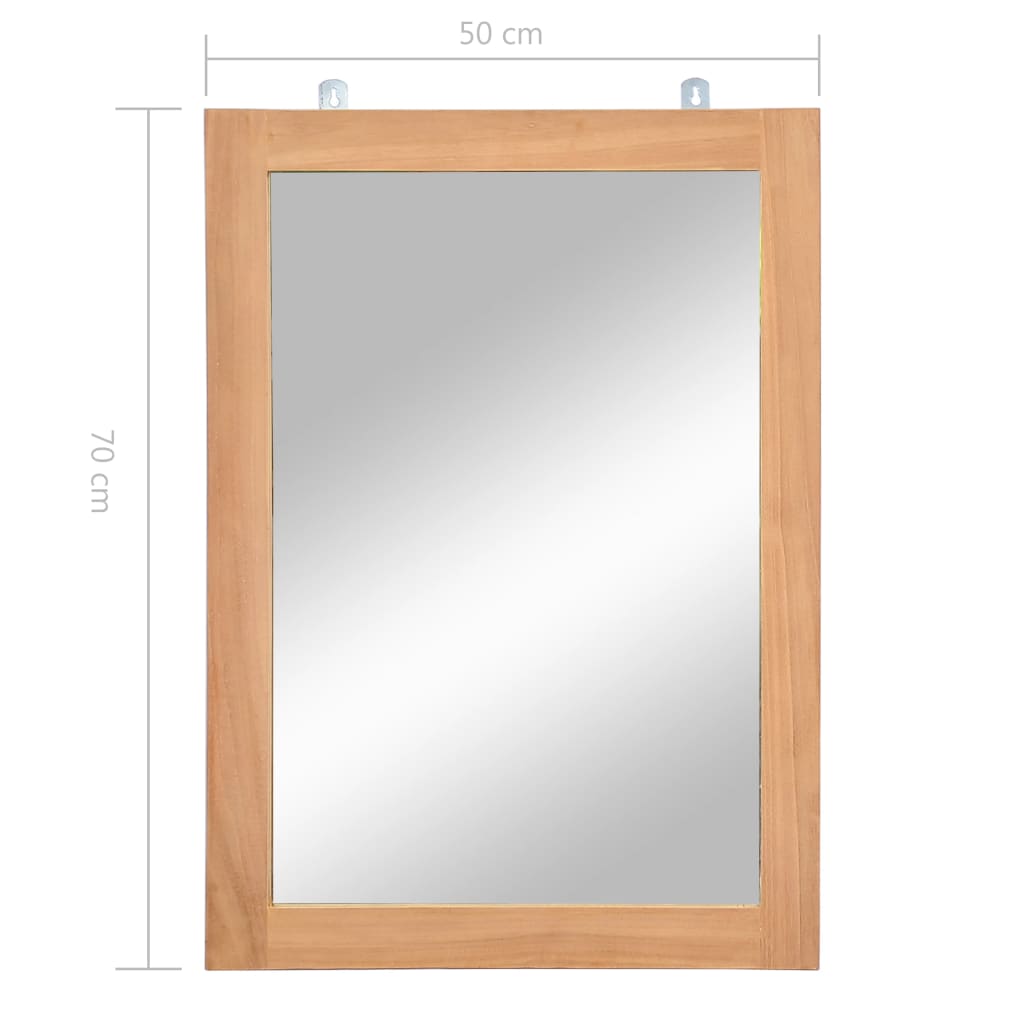 Rectangular solid teak wall mirror measuring 50 cm wide by 70 cm tall with hanging hooks.