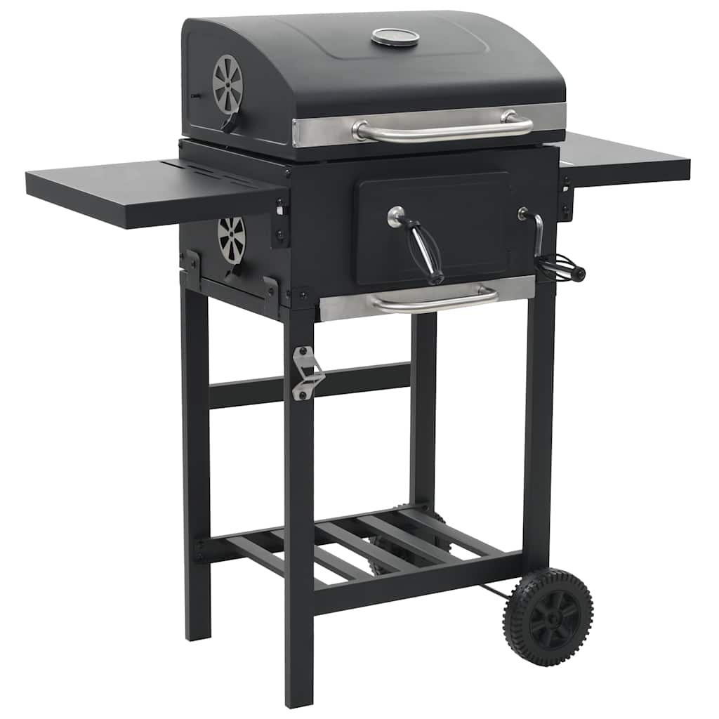 Bostome charcoal BBQ grill in black powder-coated steel with bottom shelf and foldable side tables.