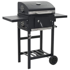 Bostome charcoal BBQ grill in black powder-coated steel with bottom shelf and foldable side tables.