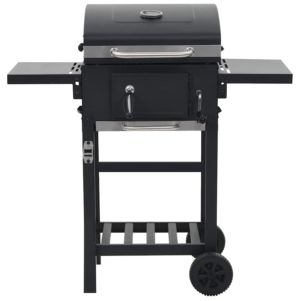 Black powder-coated steel charcoal BBQ grill with bottom shelf and integrated thermometer.
