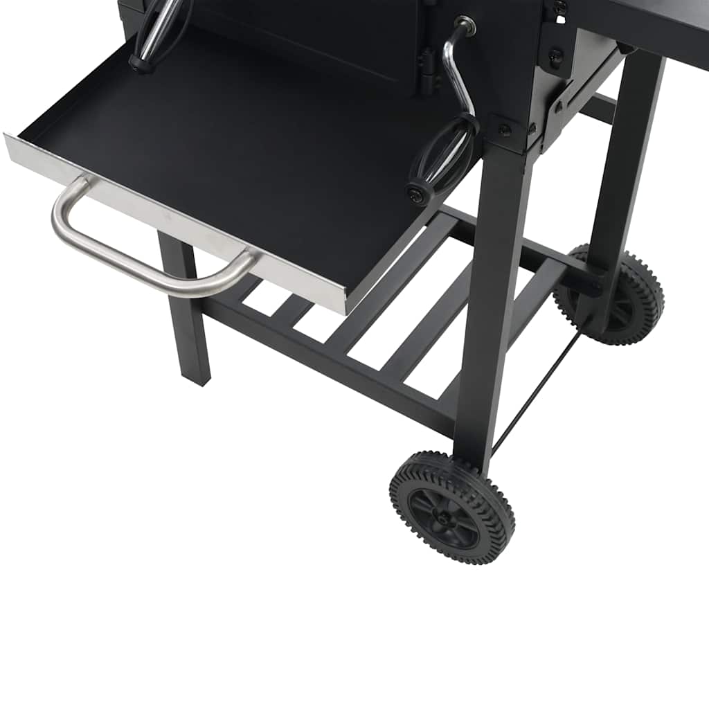 Bostome charcoal BBQ grill in black powder-coated steel with bottom shelf and integrated thermometer.