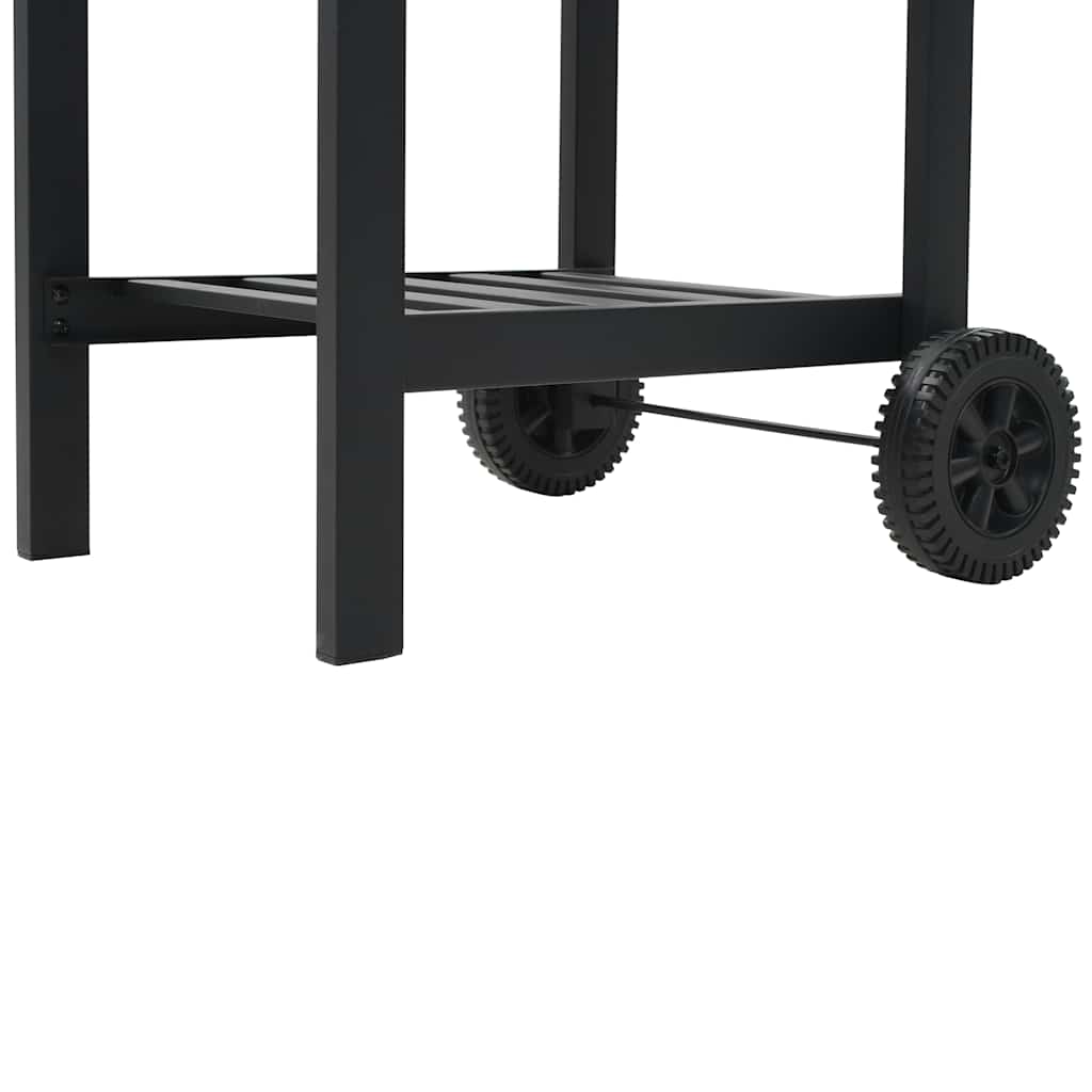 Black powder-coated steel charcoal BBQ grill with bottom shelf and integrated thermometer.
