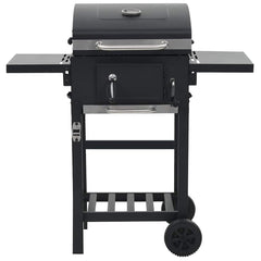 Black powder-coated steel charcoal BBQ grill with bottom shelf and integrated thermometer.