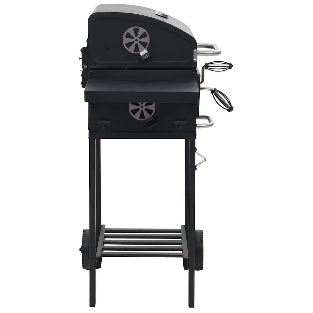Black powder-coated steel charcoal BBQ grill with bottom shelf and integrated thermometer.