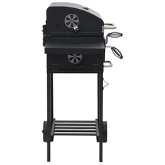 Black powder-coated steel charcoal BBQ grill with bottom shelf and integrated thermometer.