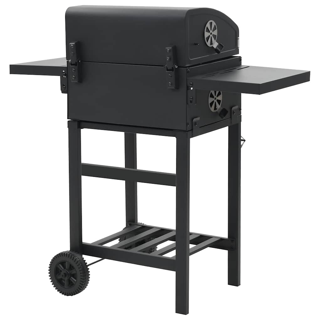 Bostome charcoal BBQ grill in black powder-coated steel with bottom shelf and foldable side tables.
