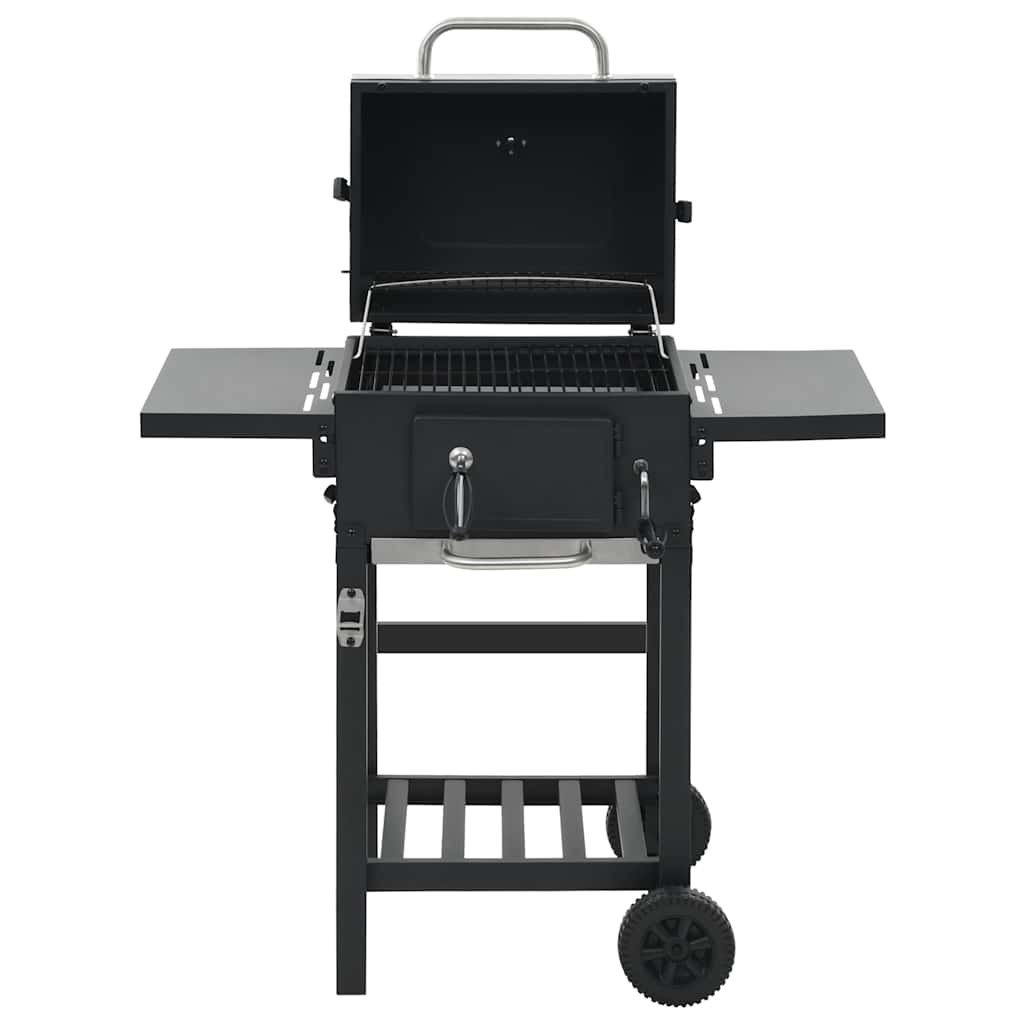 Bostome charcoal BBQ grill in black powder-coated steel with bottom shelf and foldable side tables.