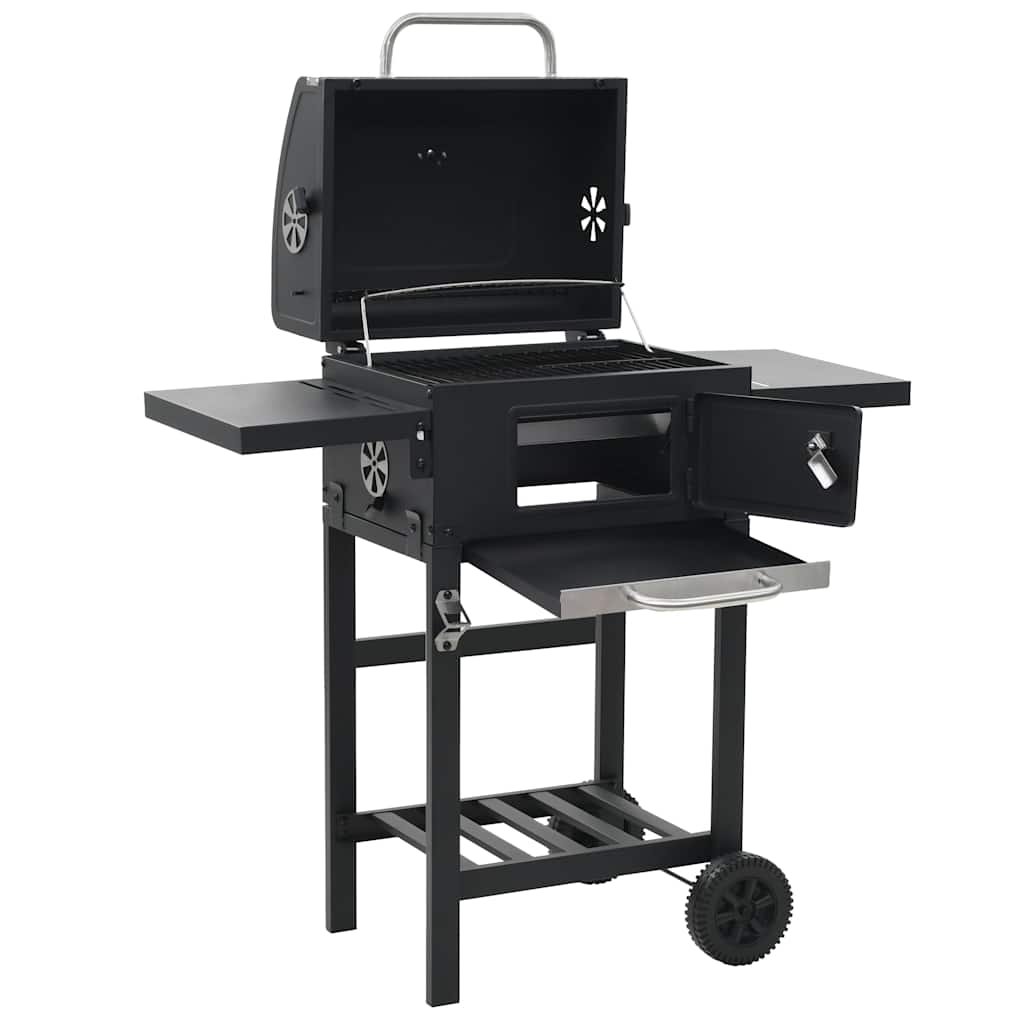 Bostome charcoal BBQ grill in black powder-coated steel with bottom shelf and foldable side tables.