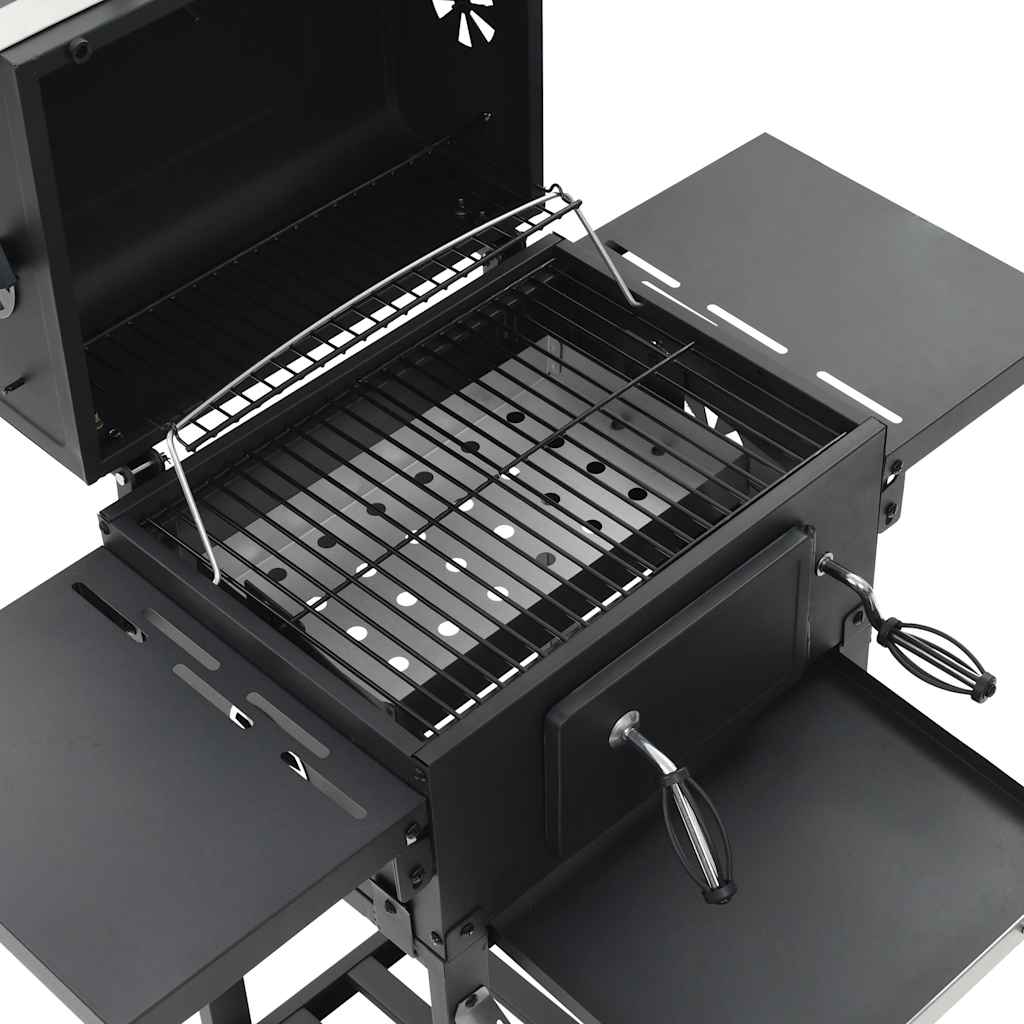 Black powder-coated steel charcoal BBQ grill with bottom shelf and integrated thermometer.