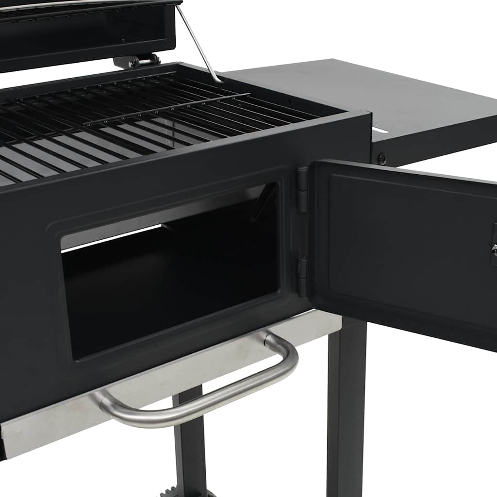 Bostome charcoal BBQ grill in black powder-coated steel with bottom shelf and foldable side tables.