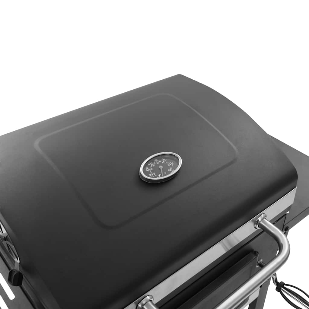 Black powder-coated steel charcoal BBQ grill with bottom shelf and integrated thermometer.