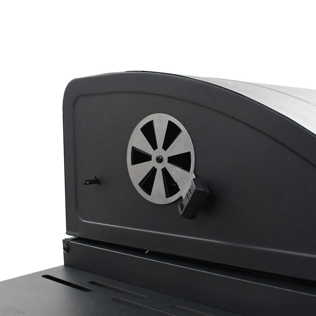 Black powder-coated steel charcoal BBQ grill with bottom shelf and integrated thermometer.
