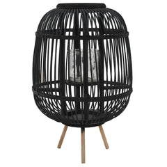 Black bamboo freestanding lantern holder with glass candle jar and wooden feet.