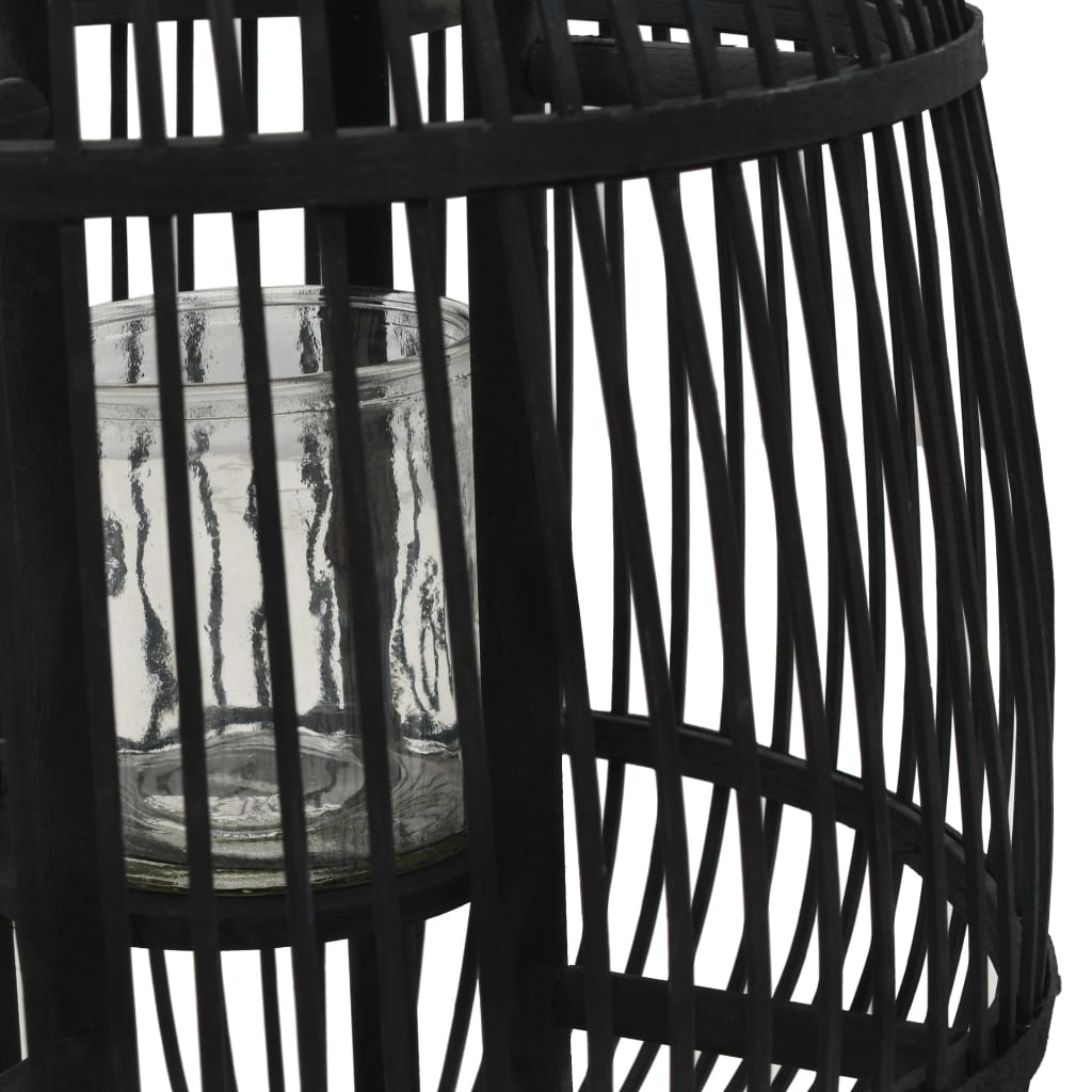 Black bamboo freestanding candle lantern holder with glass jar.
