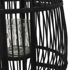 Black bamboo freestanding candle lantern holder with glass jar.