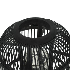 Black bamboo freestanding candle lantern holder with glass jar and woven design.