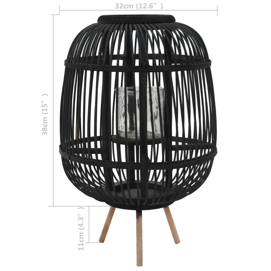 Black bamboo freestanding candle lantern holder with glass jar and wooden tripod base.