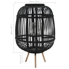 Black bamboo freestanding candle lantern holder with glass jar and wooden tripod base.