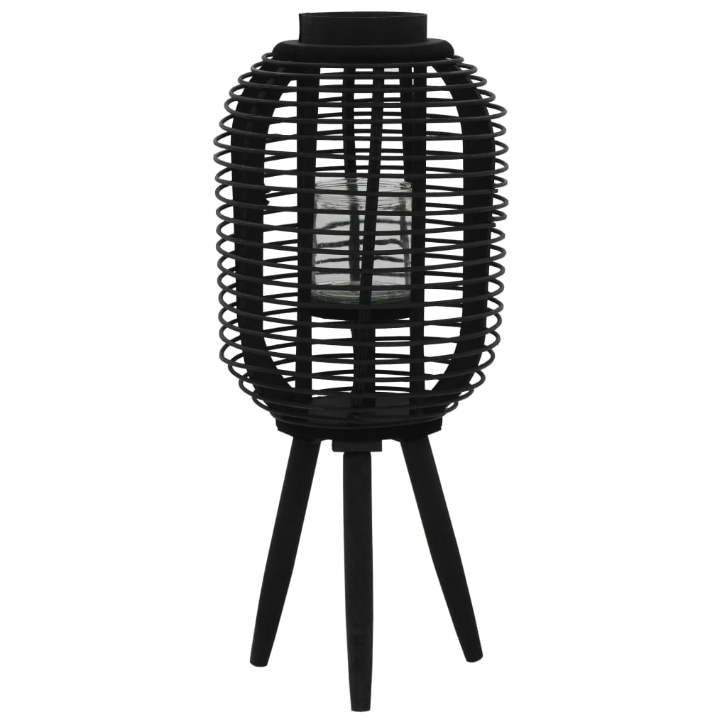 Black bamboo freestanding candle lantern holder with woven frame, glass jar, and tripod base.