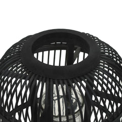Black bamboo freestanding candle lantern holder with glass jar and wooden base.