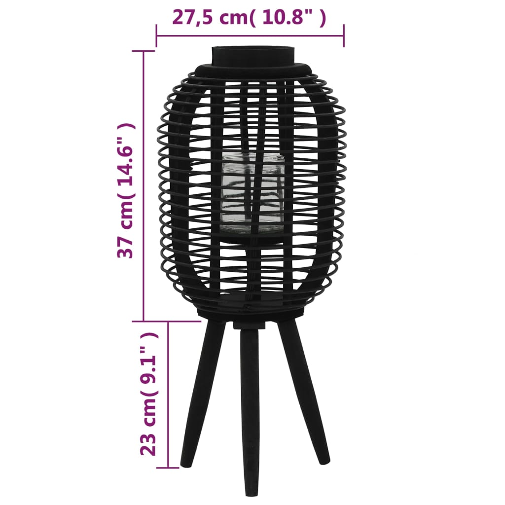 Black bamboo freestanding candle lantern holder with tripod base and dimensions shown.