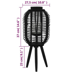 Black bamboo freestanding candle lantern holder with tripod base and dimensions shown.
