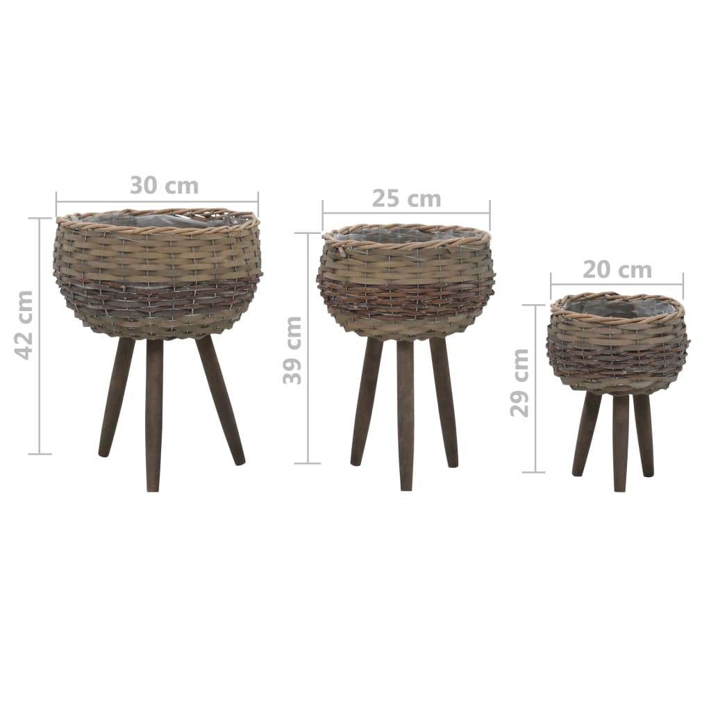 Three brown wicker planters of varying sizes on wooden stands, with dimensions shown.