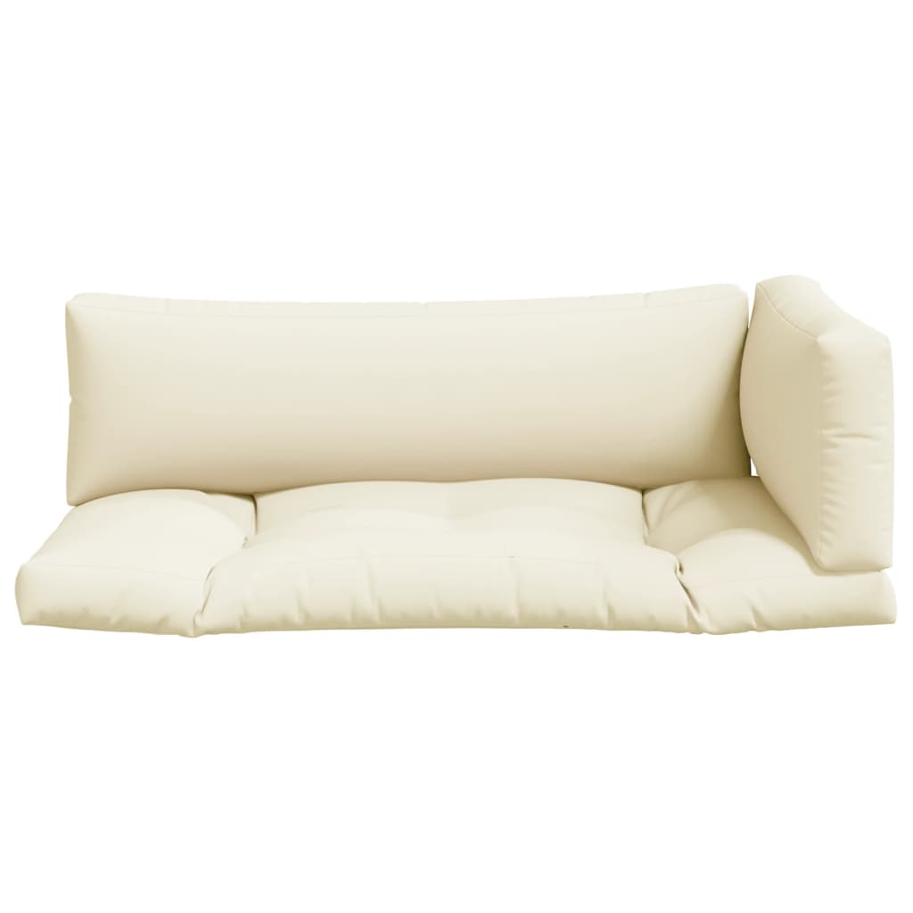 Three-piece sand-colored polyester pallet cushions set with seat, back, and side pieces.