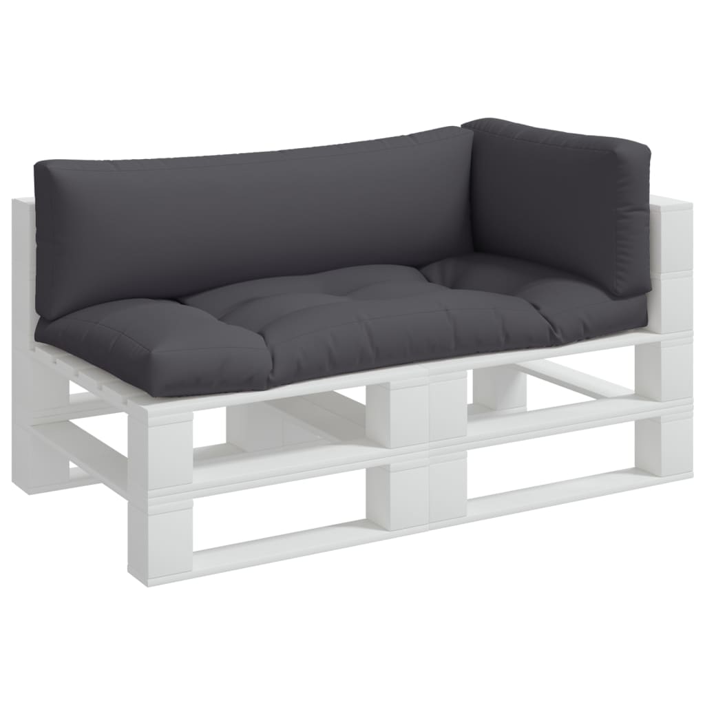 Three-piece gray polyester cushion set for pallet furniture, including seat, back, and side.