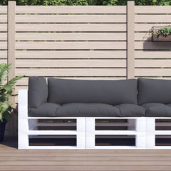 Three-piece gray polyester pallet cushions on a white pallet sofa outdoors.
