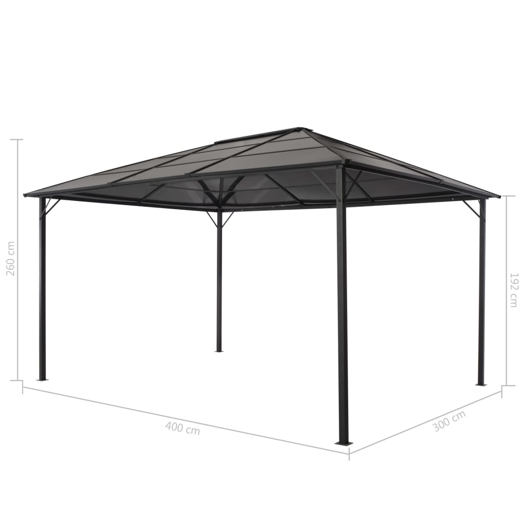 Black aluminum roof gazebo measuring 13.1x9.8x8.5 ft with polycarbonate panels and frame.