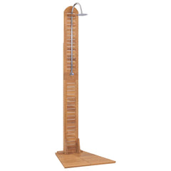 Solid teak garden shower with arched head, slatted post, and wide base.
