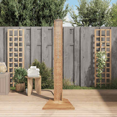 Solid teak garden shower with wooden base and riser on a sunny patio.