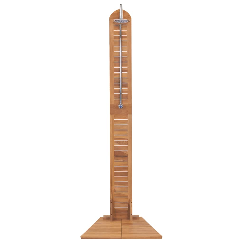 Tall solid teak garden shower with stainless steel riser and wide base.