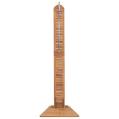 Tall solid teak garden shower with stainless steel riser and wide base.