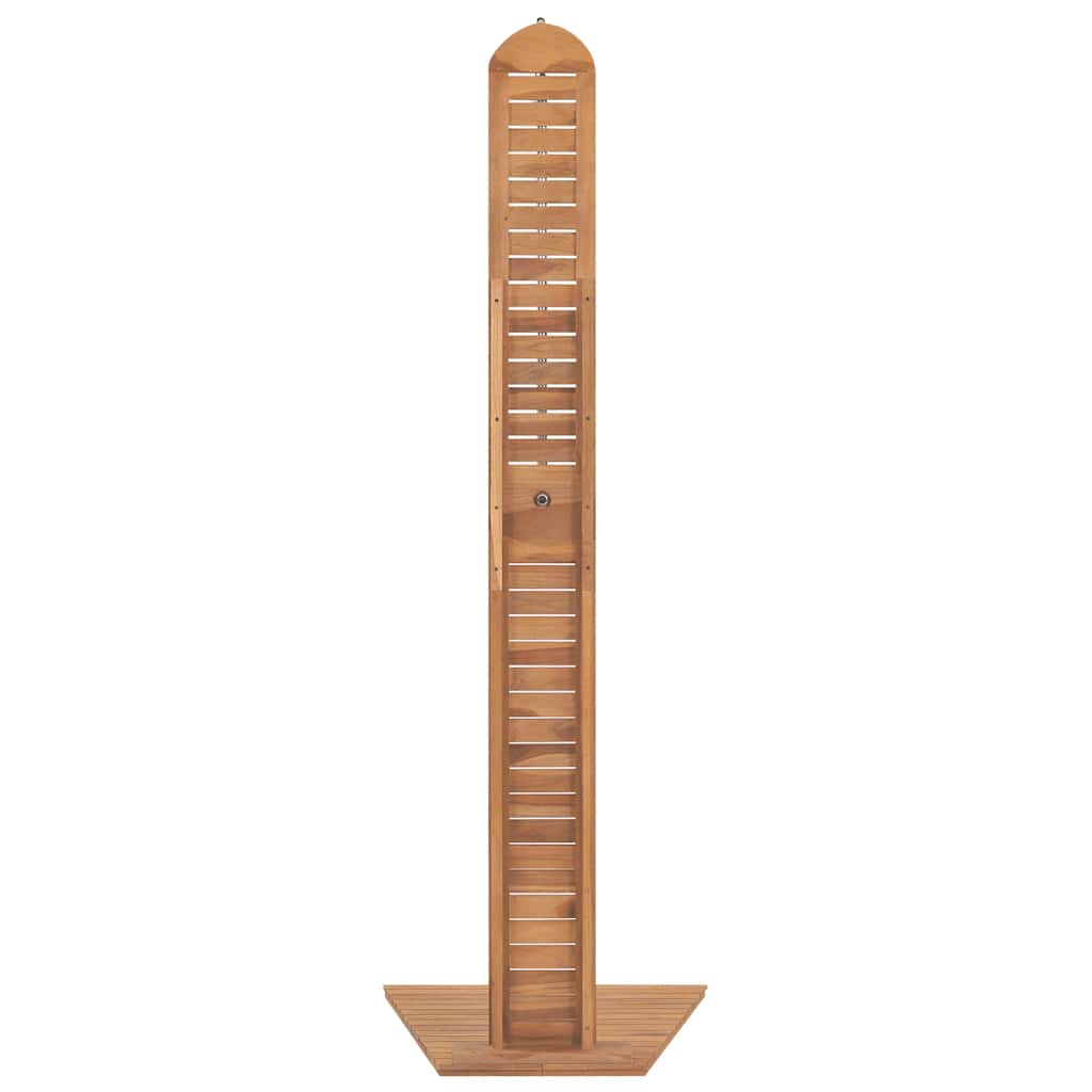 Tall wooden outdoor shower with slatted teak structure and wide base.