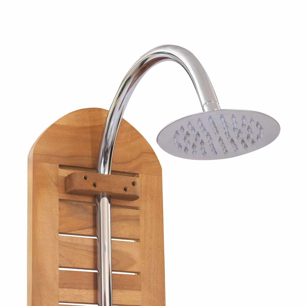 Solid teak garden shower with chrome curved arm and oval rain head on wooden base.