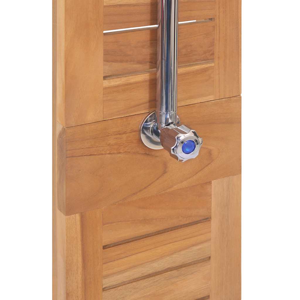 Solid teak garden shower with slatted wooden panels and chrome riser.