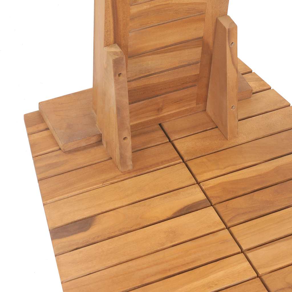Solid teak garden shower with wooden base and slatted structure.