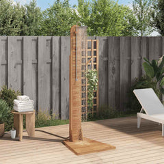 Solid teak garden shower with wooden frame, wide base, and shower head on a backyard deck.