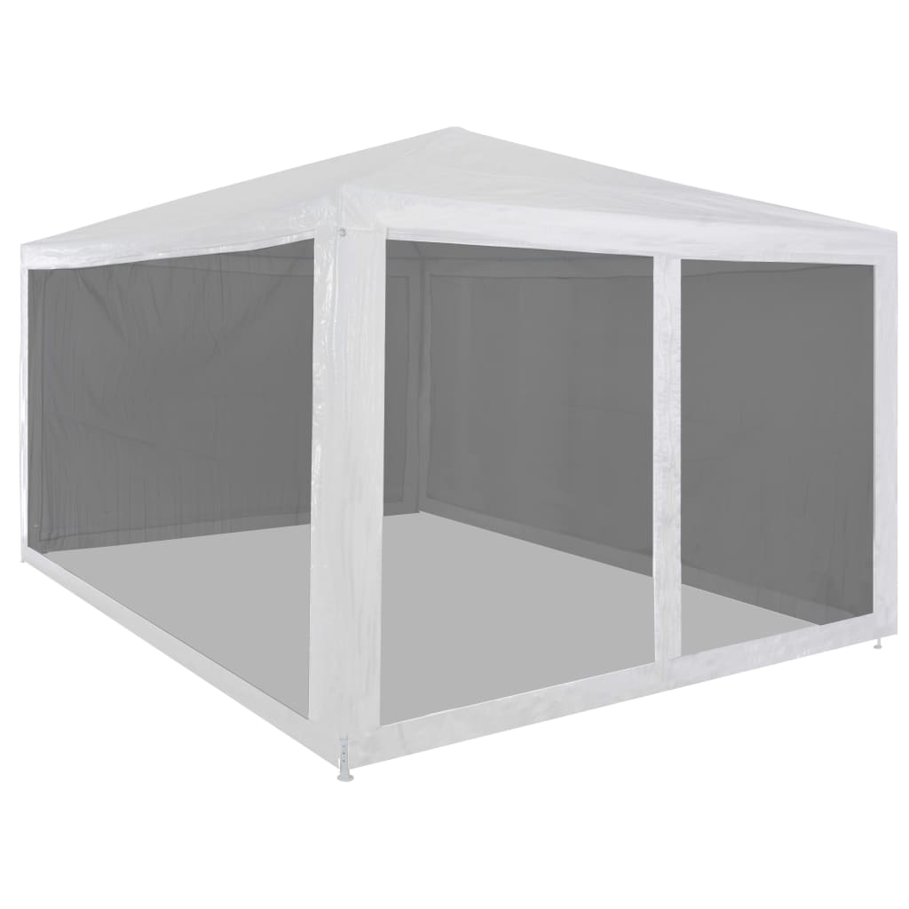 White Bostome party tent with mesh sidewalls, measuring 157.5x118.1 inches.