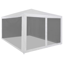 White Bostome party tent with mesh sidewalls, measuring 157.5x118.1 inches.