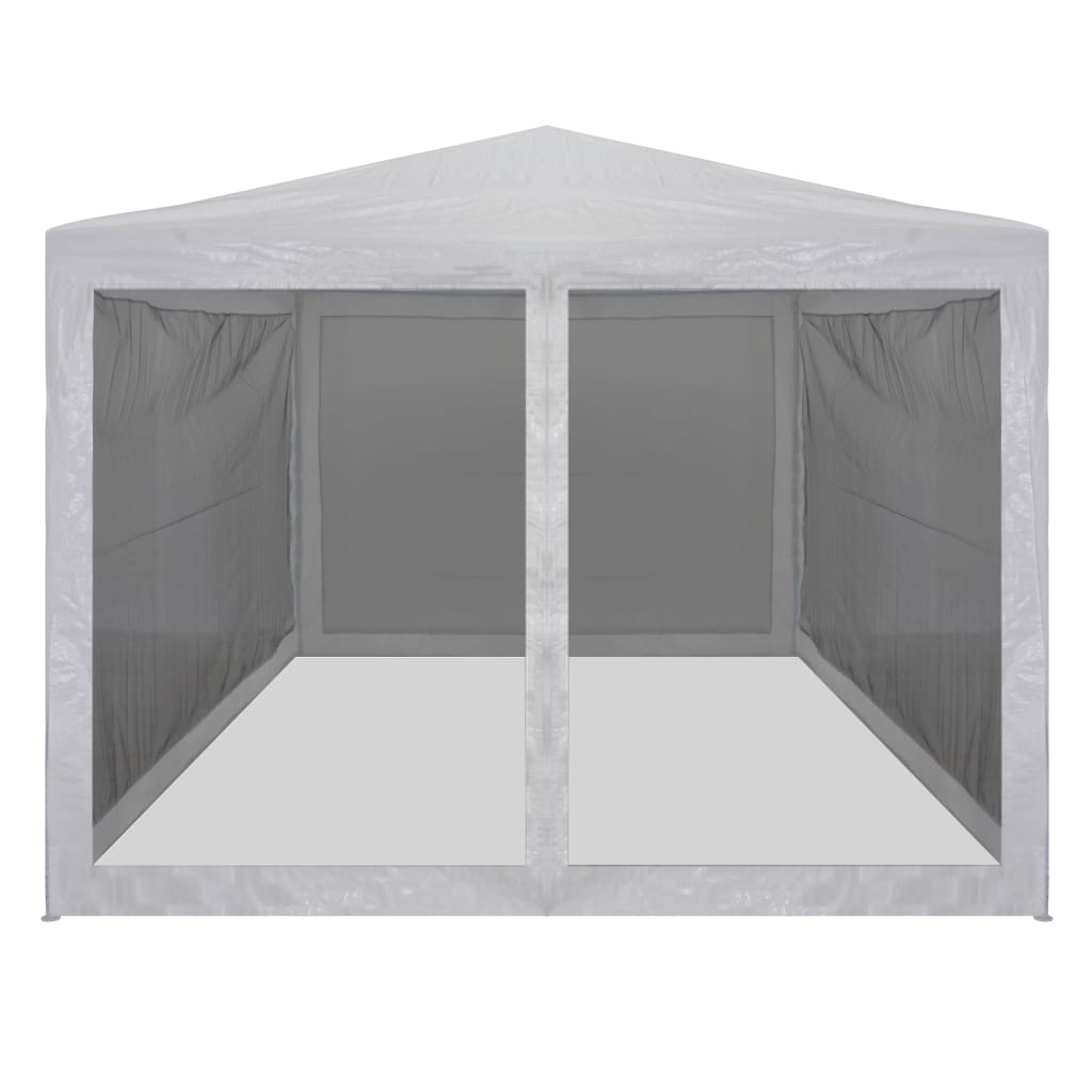 White and black party tent with mesh sidewalls, measuring 157.5 by 118.1 inches.