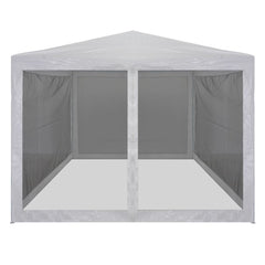 White and black party tent with mesh sidewalls, measuring 157.5 by 118.1 inches.