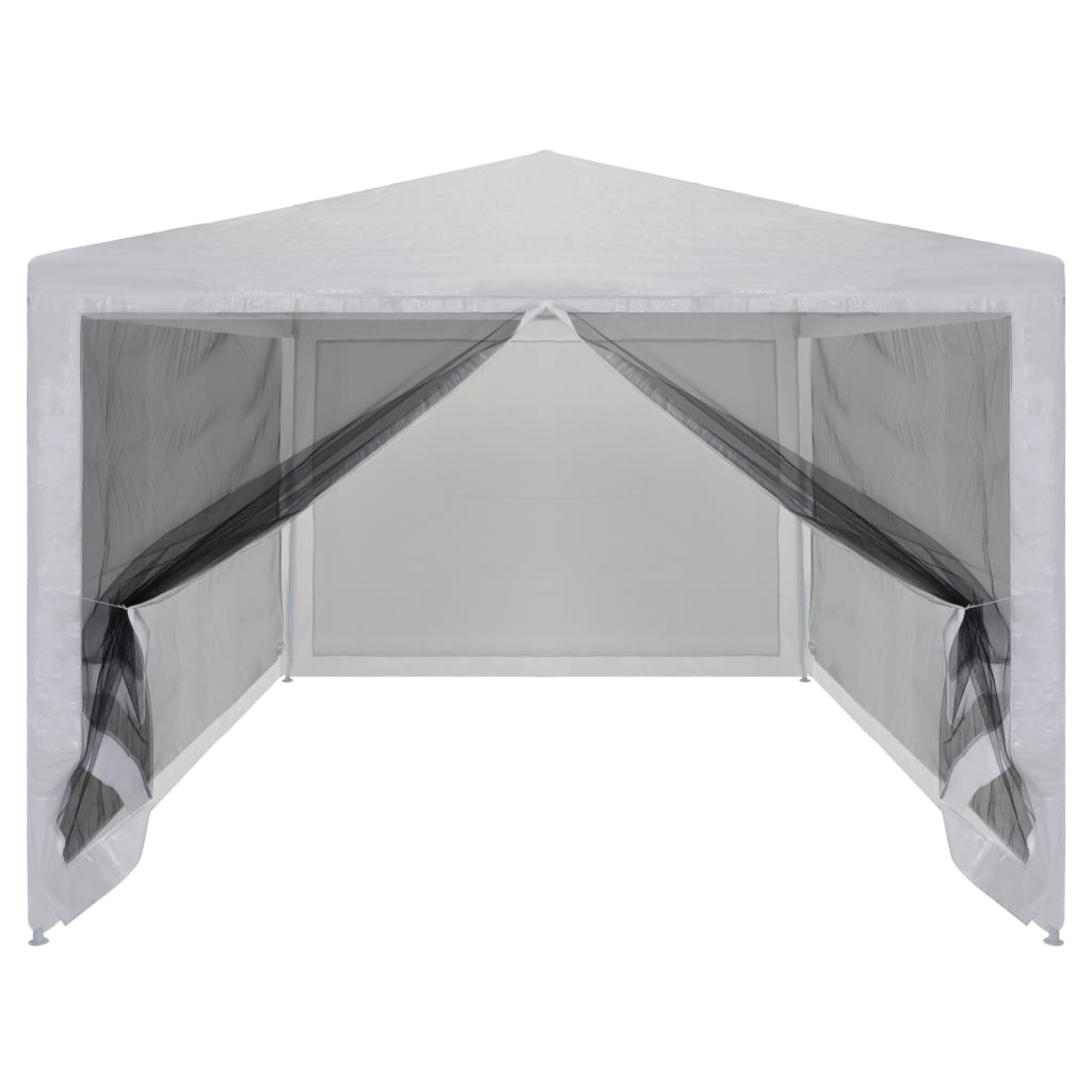 White and black party tent with mesh sidewalls, measuring 157.5 by 118.1 inches.